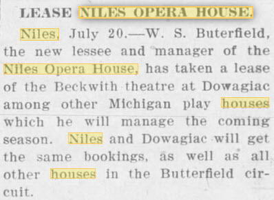 Niles Opera House - 20 Jul 1907 Article
